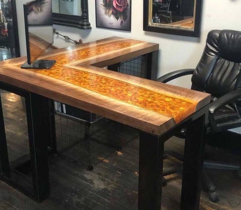 Chess board table with blue epoxy tiles